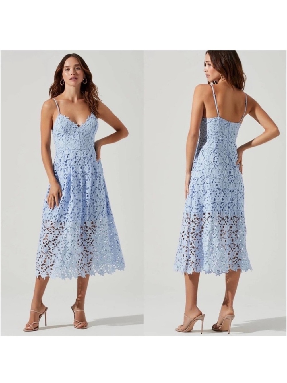 Astr Anthropologie Light Blue Lace Spaghetti-Strap Midi Dress